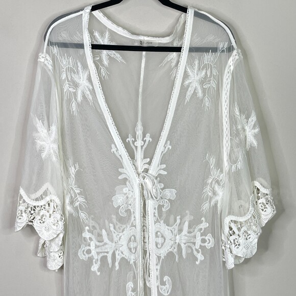 Cupshe Boho Lace Embroidery Crochet Kimono Duster Tie Front Coverup One Size - Picture 4 of 10